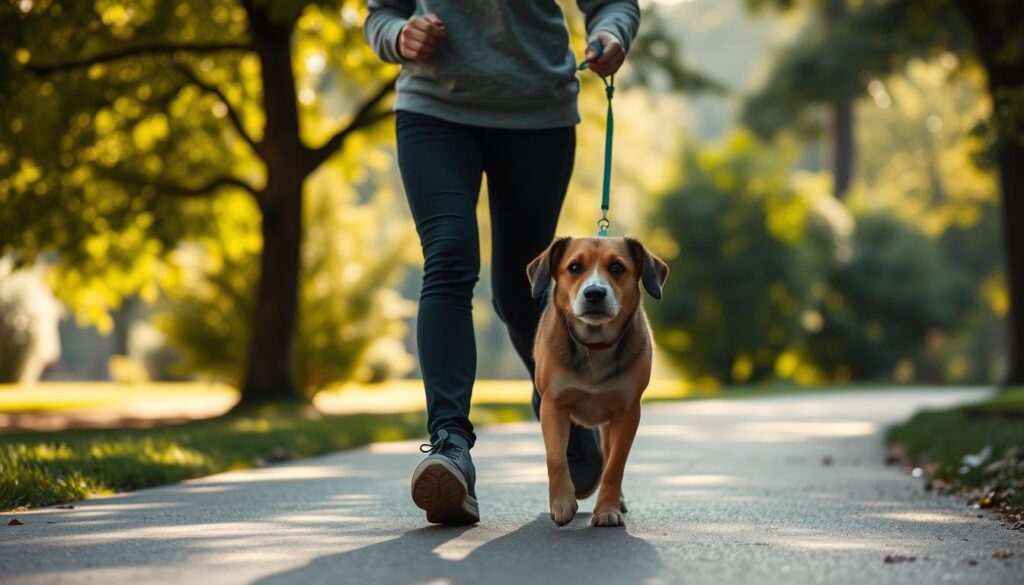 A peaceful dog walker strolls along a sunlit park path, their canine companion calmly at their side. Soft, diffused lighting filters through trees, casting a warm, tranquil atmosphere. The dog, relaxed and attentive, paces evenly with its owner, their connected energy creating a sense of harmony. The scene is captured with a medium-wide angle lens, emphasizing the serene connection between human and animal. The background features lush, verdant foliage, hinting at the calming natural environment. This image embodies the essence of soothing a dog during a leisurely walk, a moment of mutual trust and mindfulness.