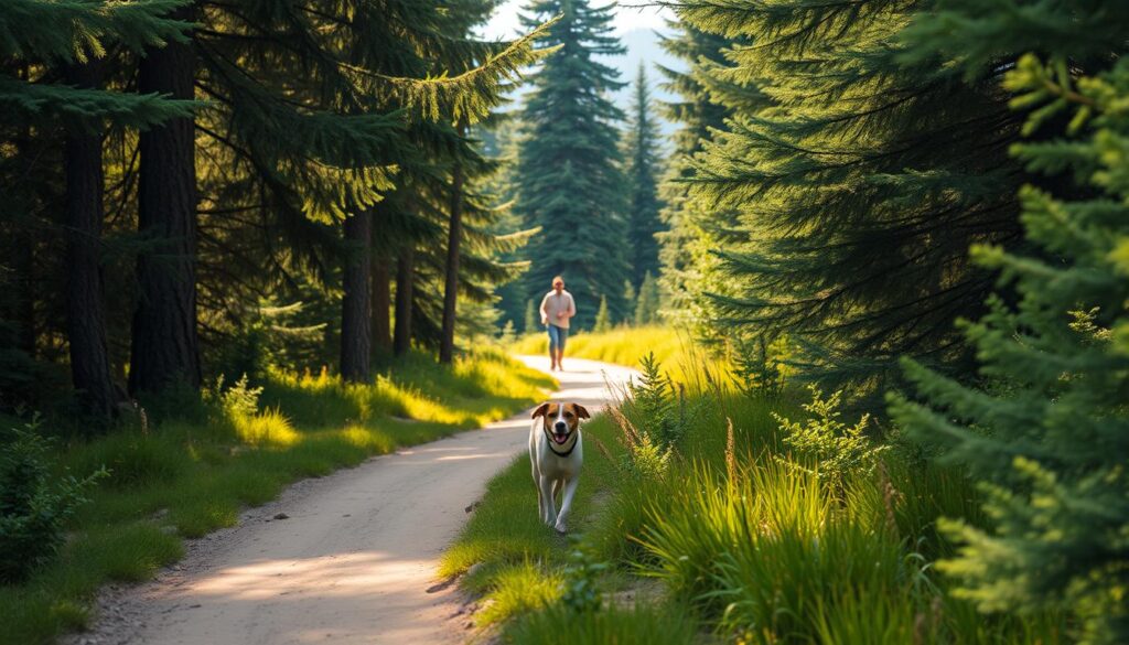 A peaceful, scenic hiking trail winds through a lush, verdant forest. Towering evergreen trees frame the path, their branches swaying gently in the breeze. Sunlight filters through the canopy, casting a warm, golden glow on the well-trodden dirt trail. In the foreground, a happy, energetic dog trots alongside its human companion, both enjoying the tranquil outdoor setting. The trail meanders through the serene landscape, beckoning visitors to explore the natural beauty of the region. A sense of calm and adventure permeates the scene, capturing the essence of an ideal walking route for a dog and its owner. A peaceful, scenic hiking trail winds through a lush, verdant forest. Towering evergreen trees frame the path, their branches swaying gently in the breeze. Sunlight filters through the canopy, casting a warm, golden glow on the well-trodden dirt trail. In the foreground, a happy, energetic dog trots alongside its human companion, both enjoying the tranquil outdoor setting. The trail meanders through the serene landscape, beckoning visitors to explore the natural beauty of the region. A sense of calm and adventure permeates the scene, capturing the essence of an ideal walking route for a dog and its owner.