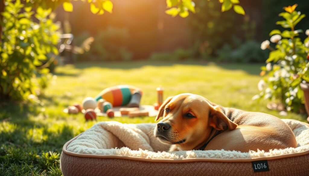 A peaceful, sun-dappled garden setting with a relaxed, happy dog resting in the foreground. The dog is lying on a soft, plush dog bed or blanket, looking visibly calmer and more at ease. In the middle ground, there are some toys, treats, and other items that could help soothe and reduce the dog's stress levels. The background features lush greenery, perhaps a few flowers, and a serene, calming atmosphere. Warm, natural lighting casts a gentle glow, creating a sense of tranquility. The overall scene conveys effective methods for reducing stress in dogs, such as a comfortable, familiar environment, enrichment activities, and positive reinforcement.