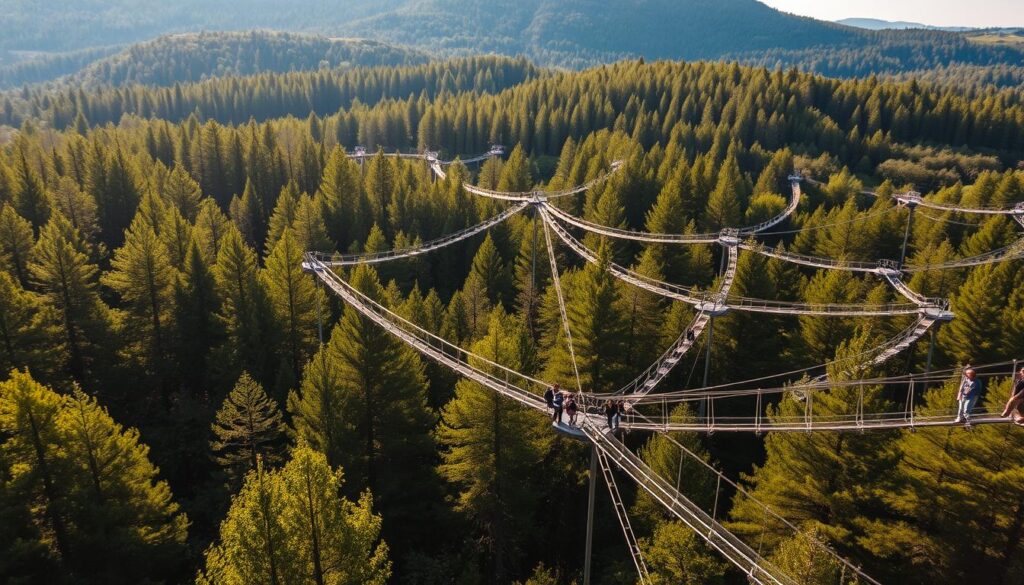 A picturesque aerial view of the Bachledka rope park nestled in the lush, verdant forest. The intricate web of suspended walkways and bridges stretches out among the canopy of towering trees, bathed in warm, natural lighting. In the foreground, people explore the thrilling aerial adventure course, their silhouettes dynamic against the dappled sunlight. The middle ground reveals more of the park's layout, with winding paths and platforms seamlessly integrated into the woodland setting. In the background, the dense, hilly forest creates a serene, tranquil backdrop, inviting visitors to immerse themselves in this unique treetop experience.