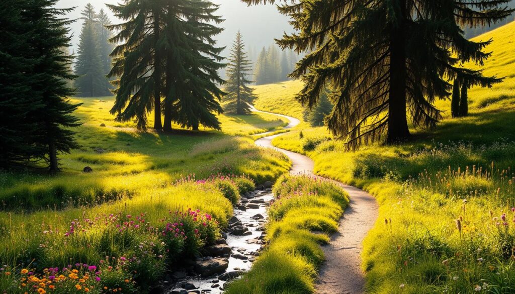 A picturesque countryside trail winding through lush, verdant meadows, flanked by towering evergreen trees casting soft, dappled shadows. The path is flanked by vibrant wildflowers in a riot of colors, with a babbling brook meandering alongside, its gentle sounds creating a serene, calming atmosphere. The lighting is soft and diffused, lending a warm, golden glow to the scene, inviting the viewer to embark on a rejuvenating, restorative stroll. The composition features a prominent, inviting path leading the eye into the distance, suggesting the promise of further exploration and discovery. This idyllic, peaceful landscape evokes a sense of tranquility and well-being, perfectly capturing the essence of the "best walking trails" for effective weight loss through walking. A picturesque countryside trail winding through lush, verdant meadows, flanked by towering evergreen trees casting soft, dappled shadows. The path is flanked by vibrant wildflowers in a riot of colors, with a babbling brook meandering alongside, its gentle sounds creating a serene, calming atmosphere. The lighting is soft and diffused, lending a warm, golden glow to the scene, inviting the viewer to embark on a rejuvenating, restorative stroll. The composition features a prominent, inviting path leading the eye into the distance, suggesting the promise of further exploration and discovery. This idyllic, peaceful landscape evokes a sense of tranquility and well-being, perfectly capturing the essence of the "best walking trails" for effective weight loss through walking.