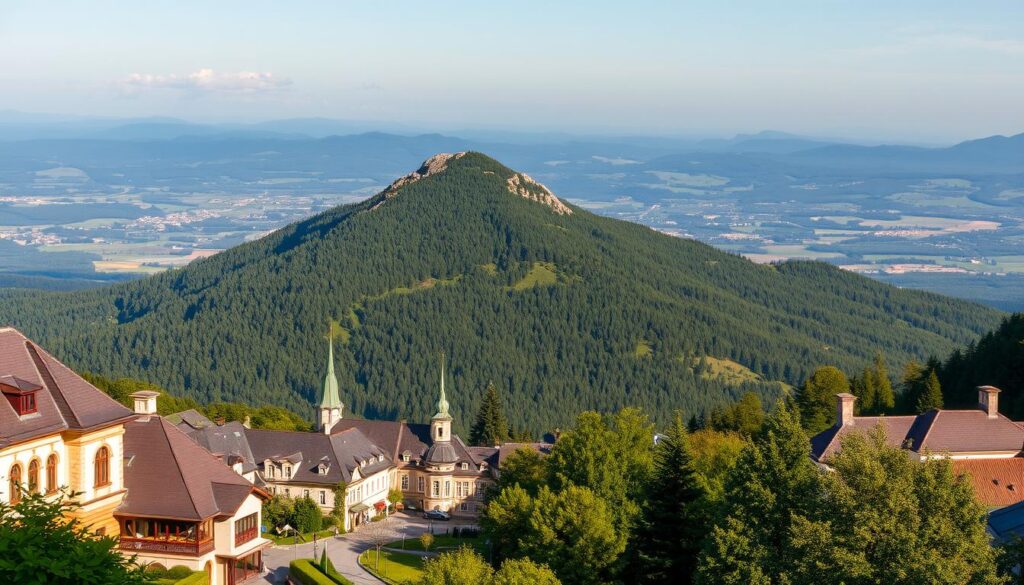 A picturesque mountain town nestled in the Beskid Sądecki range, Krynica-Zdrój offers a wealth of captivating tourist attractions. In the serene foreground, a charming historic spa promenade winds through lush greenery, punctuated by elegant turn-of-the-century architecture. Towering in the middle ground, the iconic Słotwińska Góra peak rises majestically, its rugged slopes blanketed in verdant forests. Farther in the distance, the panoramic backdrop reveals a tapestry of rolling hills and valleys, their verdant hues punctuated by the glimmering waters of mountain streams and lakes. The scene is bathed in warm, golden sunlight, creating a picturesque and inviting atmosphere that perfectly captures the allure of this picturesque Polish resort town.