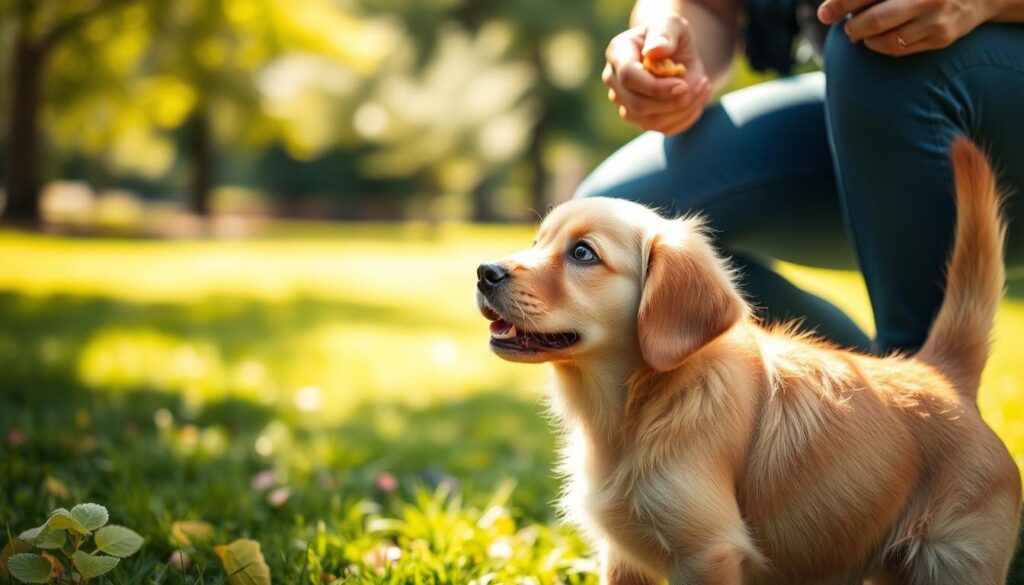 A playful golden retriever puppy eagerly watching its owner, who is holding a tempting treat, in a lush green park on a sunny day. The dog's eyes are wide with anticipation, its tail wagging excitedly, as the owner kneels down to engage the pup in a positive reinforcement training session. Soft, warm lighting illuminates the scene, creating a welcoming and motivating atmosphere. The background is blurred, placing the focus on the connection between the dog and its human, encouraging the viewer to imagine themselves joining in the rewarding experience of motivating their canine companion during their daily walks.