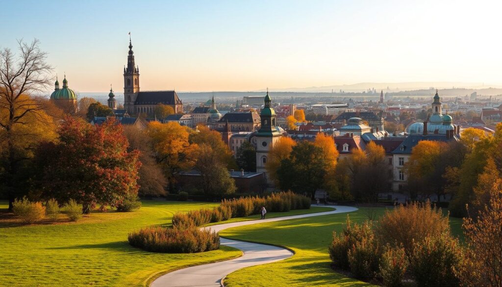 A scenic autumn afternoon in Poznań, Poland. In the foreground, a picturesque park with lush greenery, colorful foliage, and a winding path inviting exploration. In the middle ground, historic architecture and landmarks rise up, their grand facades bathed in warm, golden light. In the background, the skyline of the city stretches out, a mix of modern and traditional buildings. The overall atmosphere is one of tranquility and wonder, beckoning the viewer to embark on a leisurely stroll and discover the hidden gems of this vibrant city.