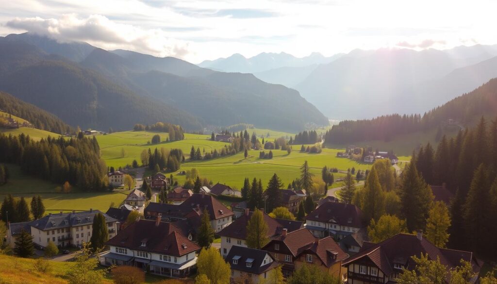 A scenic landscape of the Kłodzko Valley, nestled between rolling hills and towering mountains. In the foreground, a picturesque village with charming traditional architecture, inviting visitors to explore its quaint streets and discover local shops and cafes. The middle ground features lush green meadows and forests, dotted with cozy inns and guesthouses, offering comfortable accommodations for weary travelers. In the background, the majestic peaks of the Sudetes mountains rise up, their snow-capped summits touched by wispy clouds, creating a sense of tranquility and serenity. Warm, golden sunlight filters through the atmosphere, casting a soft, inviting glow over the entire scene, beckoning one to immerse themselves in the beauty and peacefulness of the Kłodzko Valley.
