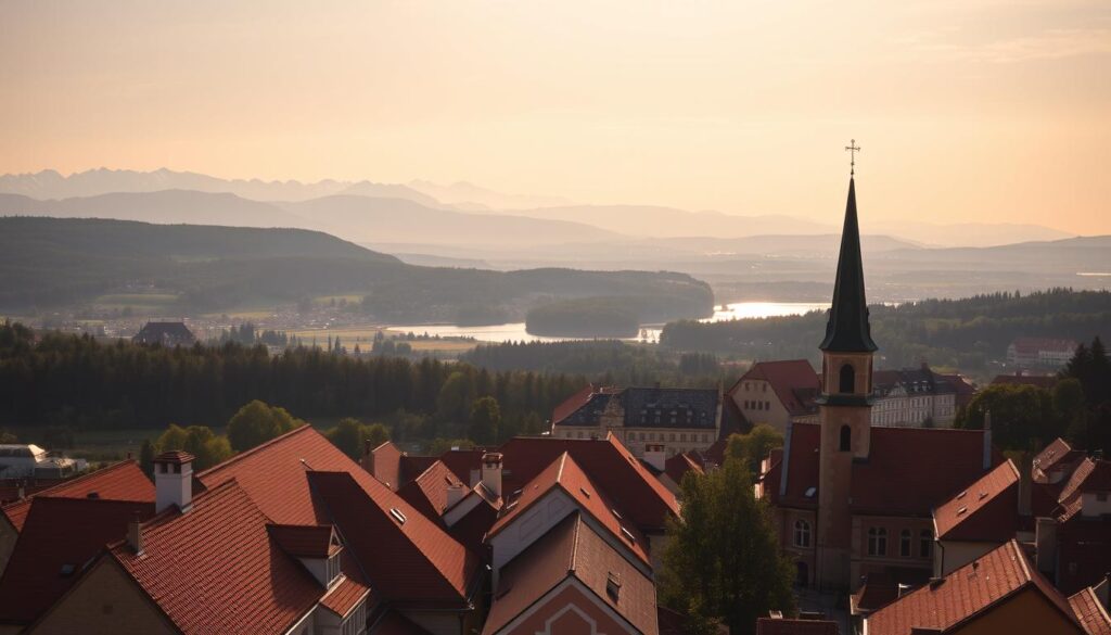 A scenic panorama of iconic Czech attractions, captured with a wide-angle lens in soft, warm lighting. In the foreground, a charming medieval town with cobblestone streets, red-tiled roofs, and a towering church steeple. In the middle ground, rolling hills dotted with verdant forests and a sparkling lake. In the distance, the silhouettes of majestic, snow-capped mountains against a hazy, golden sky. The scene exudes a sense of tranquility and timeless beauty, inviting the viewer to explore the diverse and captivating wonders that await in the Czech Republic.