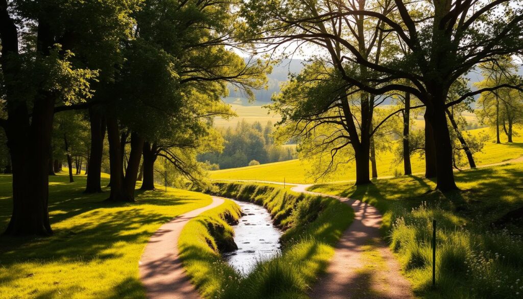 A scenic walking trail winds through a lush, verdant landscape in the outskirts of Lodz. Towering deciduous trees cast dappled shadows on the path, creating a serene, tranquil atmosphere. In the middle ground, a small stream babbles pleasantly, its banks dotted with wildflowers. The background is dominated by gently rolling hills, their slopes covered in a patchwork of meadows and forested areas. Warm, golden sunlight filters through the canopy, illuminating the scene with a soft, natural glow. The overall mood is one of peaceful contemplation, inviting the viewer to step into this picturesque corner of Lodz and enjoy a leisurely stroll.