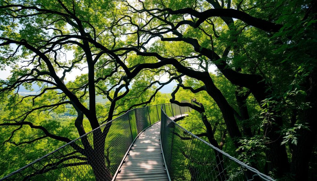 A serene aerial walkway winding through the lush, verdant canopy of ancient oak and pine trees in Krynica, Poland. Dappled sunlight filters through the rustling leaves, casting a warm, ethereal glow on the wooden planks underfoot. In the distance, glimpses of rolling hills and distant mountain peaks emerge through the verdant foliage. The trail invites exploration, offering visitors a unique bird's-eye perspective of the vibrant, atmospheric forest below. Capture the tranquility and enchantment of this elevated nature trail, framed by the majestic crowns of Krynica's centuries-old trees.