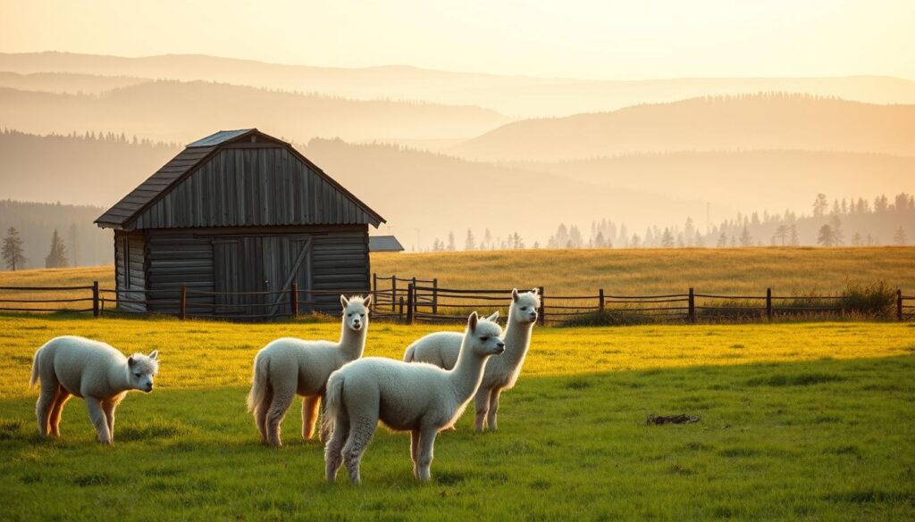 A serene and pastoral scene of alpaca farming in the outskirts of Warsaw. In the foreground, a group of fluffy alpacas graze peacefully in a lush, verdant meadow, their woolly coats shimmering in the warm, golden sunlight. In the middle ground, a traditional wooden barn stands amidst a cluster of rolling hills, its weathered facade complementing the rustic, countryside atmosphere. In the background, the hazy silhouettes of distant forests and rolling hills create a sense of depth and tranquility. The overall mood is one of peaceful, bucolic charm, inviting the viewer to step into this idyllic, alpaca-filled world.