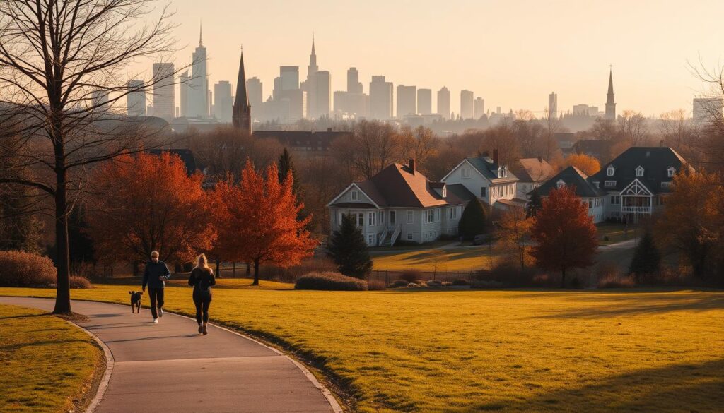 A serene cityscape on a crisp autumn day. In the foreground, a well-worn path winds through a picturesque park, lined with vibrant fall foliage. Joggers and dog walkers leisurely make their way, embracing the tranquility of their daily stroll. The middle ground features a quaint residential neighborhood, its charming houses and shops bathed in warm, golden light from the setting sun. In the background, the silhouettes of towering skyscrapers and church spires rise against a soft, hazy sky, hinting at the bustling city beyond. The overall atmosphere is one of quiet contemplation, inviting the viewer to imagine themselves immersed in this peaceful, restorative daily routine.