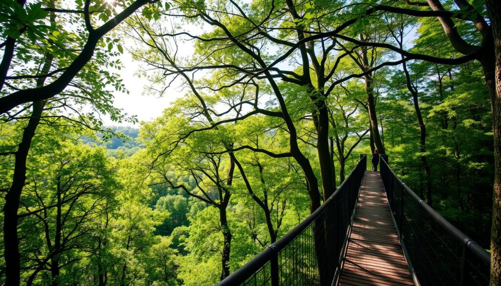 A serene forest canopy in Nowy Targ, Poland, where visitors can embark on an elevated walkway amidst the lush, verdant treetops. Dappled sunlight filters through the swaying branches, casting a warm, natural glow upon the scene. Stroll along the sturdy wooden platforms, offering breathtaking vistas of the surrounding landscape below. Observe the diverse flora and fauna thriving in the treetop realm, from chirping birds to rustling leaves. The elevated perspective provides a unique, tranquil experience, allowing guests to immerse themselves in the beauty and tranquility of the forest canopy. Capture the serenity and allure of this captivating attraction, a true haven for nature enthusiasts and those seeking a peaceful respite.