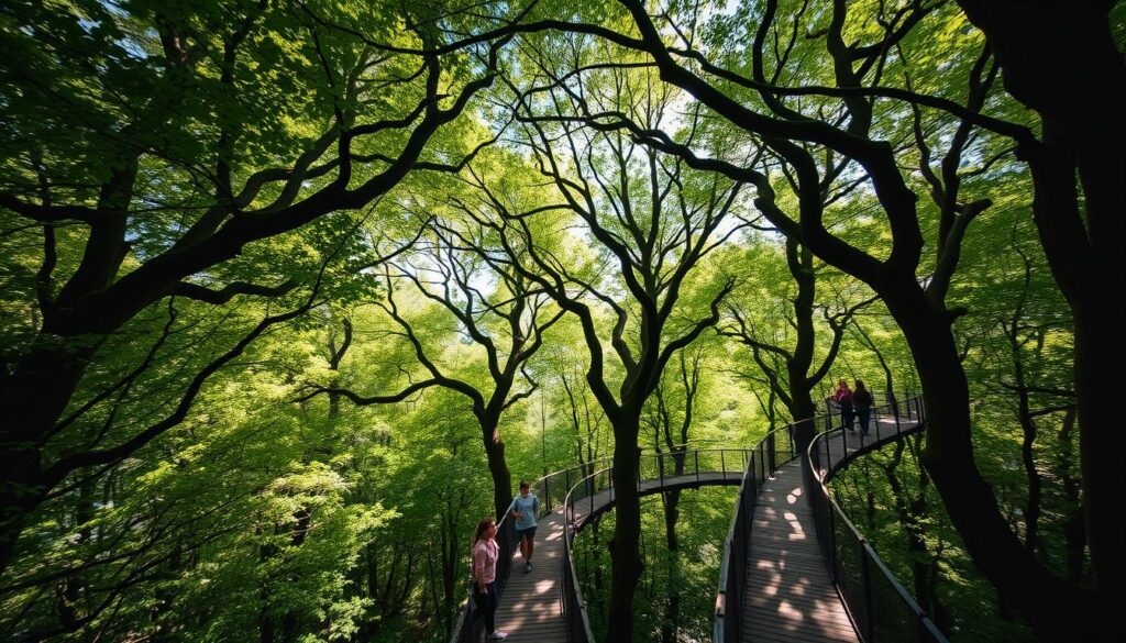 A serene forest canopy in the Czech Republic, sunlight filtering through lush, verdant foliage. Winding wooden walkways elevate visitors above the forest floor, offering an immersive, bird's-eye perspective of the surrounding trees. Graceful, twisting branches create an intricate natural lattice, casting gentle patterns of light and shadow across the paths. The atmosphere is one of tranquility and wonder, inviting travelers to slow down and appreciate the beauty of the Czech treetop trails.