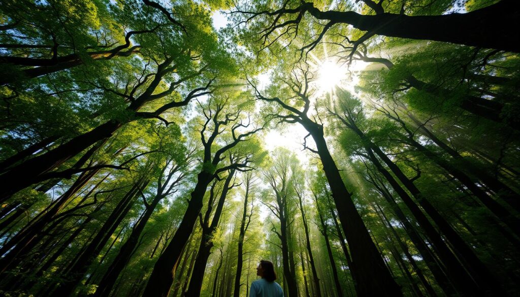 A serene forest canopy, its verdant crowns illuminated by soft, diffused light filtering through the leaves. Sunbeams dance amidst the intricate web of branches, casting delicate patterns on the mossy ground below. The viewer stands in awe, immersed in the tranquil embrace of the towering, ancient trees. Their majestic silhouettes reach skyward, forming a natural cathedral that invites contemplation and a deeper connection with the natural world. The scene exudes a sense of wonder and invites the observer to fully engage with the beauty and complexity of this enchanting arboreal realm.