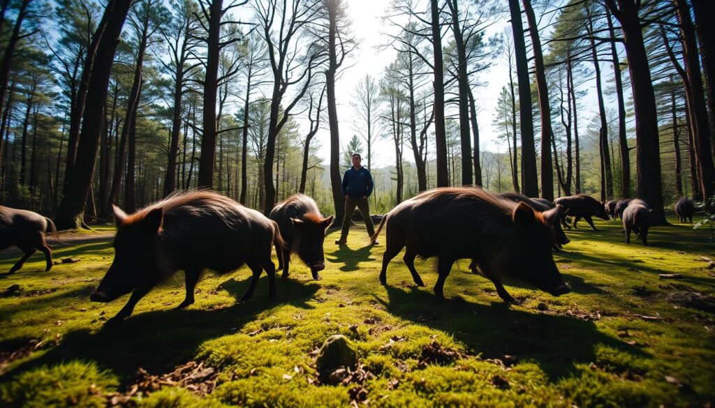 A serene forest landscape on a sunny afternoon, with a herd of wild boars cautiously foraging in the foreground. The animals move with a sense of purpose, their powerful bodies casting long shadows on the mossy ground. In the middle ground, a lone hiker stands still, observing the scene with a mix of caution and fascination. The background is filled with towering trees, their branches casting a dappled pattern of light and shade. The overall mood is one of tranquility, underscored by the subtle tensions between the wild creatures and the human presence. Captured with a wide-angle lens, the image conveys a sense of scale and immersion, inviting the viewer to consider the delicate balance between nature and human activity.