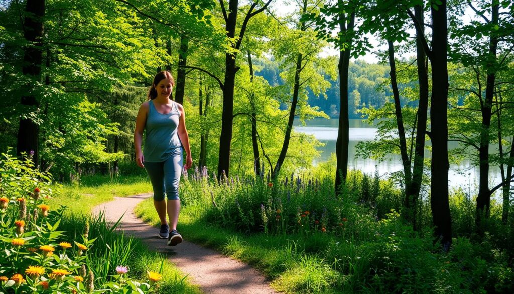 A serene forest landscape, with sunlight filtering through the verdant canopy. In the foreground, a person walks along a winding path, their stride relaxed and their expression calm. The middle ground features lush greenery, with vibrant wildflowers lining the trail. In the background, a tranquil lake reflects the surrounding trees, creating a sense of peace and harmony. The scene conveys the rejuvenating effect of daily physical activity on mental well-being, with the natural setting evoking a soothing, therapeutic atmosphere.