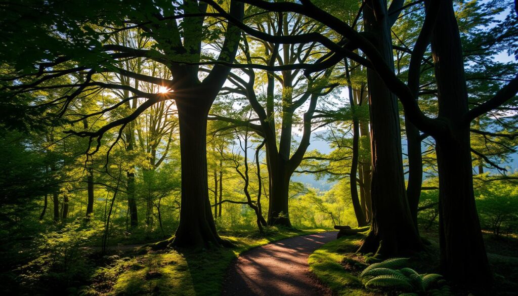 A serene forest walk through the enchanting canopy of Karpacz's trees. Dappled sunlight filters through lush, verdant foliage, casting a warm, golden glow upon the winding path below. Towering, ancient trunks support a labyrinth of intertwining branches, their leaves rustling softly in the gentle breeze. Delicate ferns and mosses carpet the forest floor, creating a sense of tranquility and wonder. In the distance, glimpses of the distant mountains peek through the verdant tapestry, hinting at the magnificent landscapes beyond. This is a place of rejuvenation, where one can truly immerse themselves in the beauty and serenity of nature.