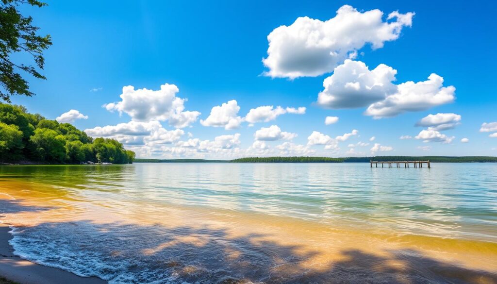 A serene lake nestled in the rolling hills of Warmia, Jezioro Wulpińskie reflects the verdant forest canopy and azure sky above. Gentle waves lap against the sandy shore, inviting visitors to bask in the tranquil ambiance. Sunlight filters through the lush foliage, casting a warm glow over the scene. In the distance, a wooden pier stretches out into the water, beckoning for a peaceful stroll. Fluffy white clouds drift overhead, adding depth and dimensionality to the idyllic landscape. This picturesque body of water offers a haven for relaxation, perfect for those seeking a moment of respite amidst nature's embrace.