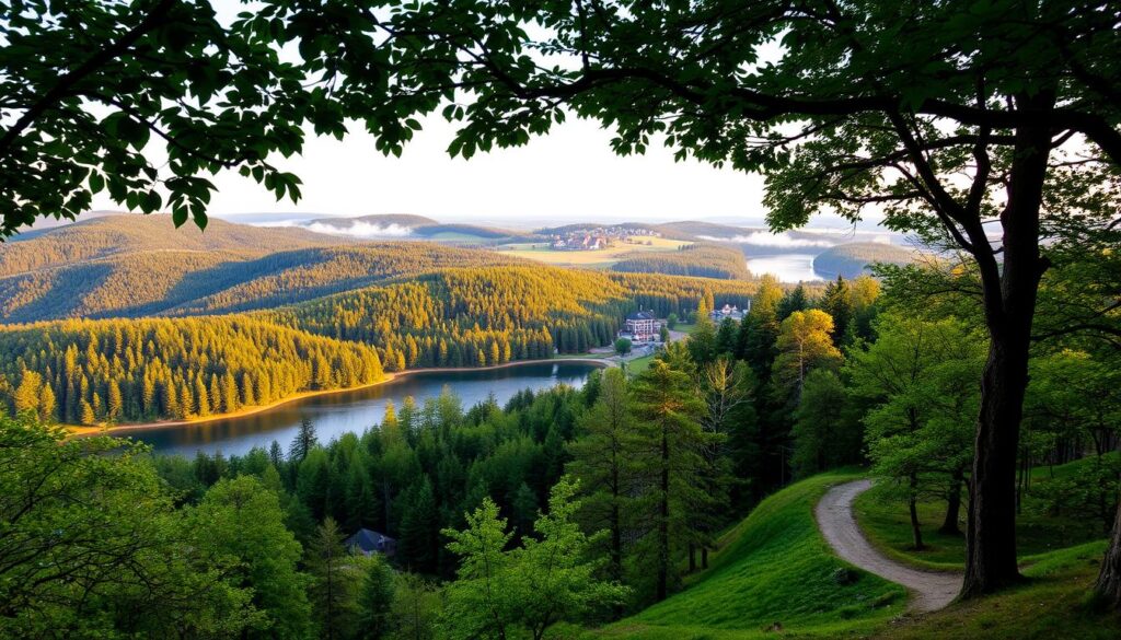 A serene landscape in Kaszuby, a picturesque region in northern Poland, showcasing the natural beauty that captivates nature enthusiasts. Lush, verdant forests stretch across rolling hills, their canopies casting gentle shadows on the winding trails below. A tranquil lake reflects the surrounding foliage, its calm waters shimmering in the soft, golden light of a late afternoon sun. In the distance, a quaint village nestled among the trees adds a touch of charming simplicity to the scene. The overall atmosphere is one of peaceful solitude, inviting visitors to immerse themselves in the restorative embrace of this natural haven.