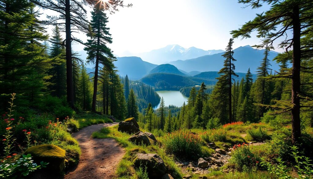 A serene landscape of lush green forests and meandering streams, illuminated by warm golden sunlight filtering through the canopy. In the foreground, a winding hiking trail flanked by vibrant wildflowers and mossy boulders invites the viewer to explore. The middle ground features a tranquil lake reflecting the surrounding verdant hills and towering pine trees. In the distance, majestic snow-capped peaks rise against a hazy blue sky, creating a sense of depth and grandeur. The overall mood is one of peaceful solitude and immersion in the unspoiled natural beauty of a protected nature reserve. A serene landscape of lush green forests and meandering streams, illuminated by warm golden sunlight filtering through the canopy. In the foreground, a winding hiking trail flanked by vibrant wildflowers and mossy boulders invites the viewer to explore. The middle ground features a tranquil lake reflecting the surrounding verdant hills and towering pine trees. In the distance, majestic snow-capped peaks rise against a hazy blue sky, creating a sense of depth and grandeur. The overall mood is one of peaceful solitude and immersion in the unspoiled natural beauty of a protected nature reserve.