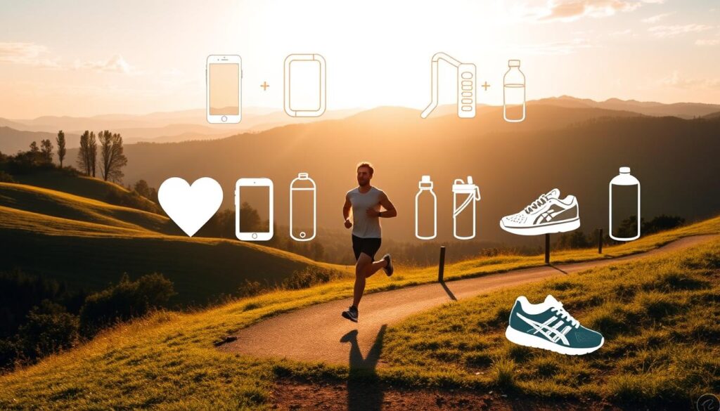 A serene landscape with rolling hills and lush greenery in the background. In the foreground, a person is jogging along a winding path, their silhouette illuminated by warm, golden sunlight filtering through the trees. The middle ground features various fitness icons and symbols, such as heart rate monitors, water bottles, and running shoes, all arranged in a dynamic, eye-catching composition. The overall atmosphere conveys a sense of health, vitality, and the tangible benefits of physical activity.