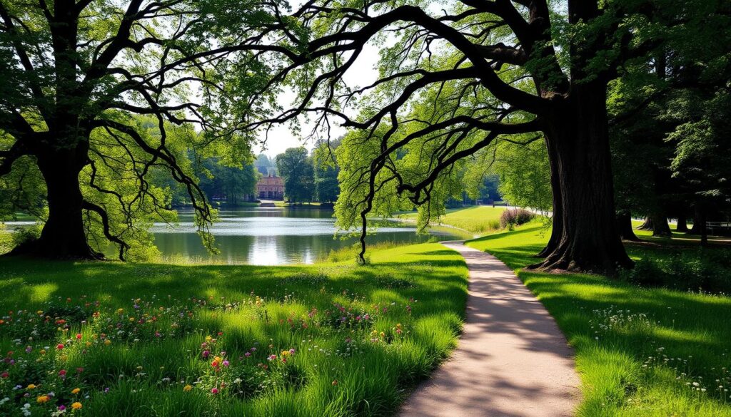 A serene, lush landscape showcasing the charming parks nestled just outside of Wrocław. Verdant meadows dotted with vibrant wildflowers lead to a winding trail that meanders through towering trees, their branches casting a gentle, dappled light. A tranquil lake reflects the surrounding foliage, its calm waters inviting visitors to pause and take in the soothing atmosphere. In the distance, historic architectural elements peek through the verdant foliage, hinting at the rich cultural heritage of the region. The overall scene exudes a sense of peaceful escapism, enticing the viewer to immerse themselves in the natural beauty that lies just beyond the bustling city.