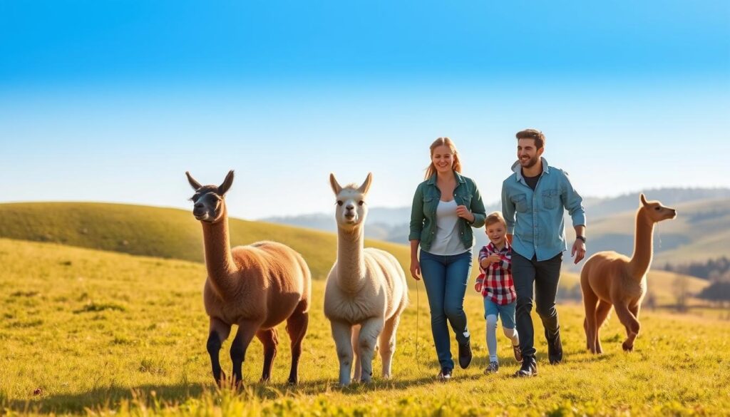 A serene outdoor scene of a family enjoying a leisurely alpaca walk, with the gentle creatures peacefully meandering through a lush green meadow. The parents and children, dressed in casual attire, walk alongside the alpacas, their expressions conveying a sense of wonder and tranquility. Soft, natural lighting filters through the scene, casting a warm, golden glow over the peaceful tableau. In the background, rolling hills and a clear blue sky create a picturesque backdrop, emphasizing the idyllic setting. The overall atmosphere radiates a feeling of safety, comfort, and a deep connection with nature, perfectly capturing the essence of a secure and memorable alpaca walking experience. A serene outdoor scene of a family enjoying a leisurely alpaca walk, with the gentle creatures peacefully meandering through a lush green meadow. The parents and children, dressed in casual attire, walk alongside the alpacas, their expressions conveying a sense of wonder and tranquility. Soft, natural lighting filters through the scene, casting a warm, golden glow over the peaceful tableau. In the background, rolling hills and a clear blue sky create a picturesque backdrop, emphasizing the idyllic setting. The overall atmosphere radiates a feeling of safety, comfort, and a deep connection with nature, perfectly capturing the essence of a secure and memorable alpaca walking experience.