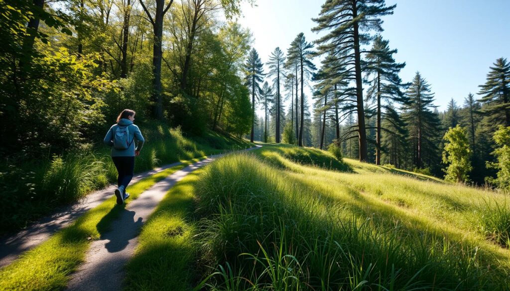 A serene outdoor scene showcasing the health benefits of walking. In the foreground, a person strolling along a peaceful nature trail, surrounded by lush greenery and sunlit foliage. The middle ground features a winding path leading into a tranquil forest, conveying a sense of exploration and discovery. In the background, towering trees and a clear blue sky create a calming, rejuvenating atmosphere. Soft, diffused lighting enhances the naturalistic, therapeutic mood. The scene is captured with a wide-angle lens to emphasize the expansive, immersive experience of the walk. Overall, the image evokes the physical, mental, and emotional wellbeing associated with the simple pleasure of a leisurely stroll in a serene, natural setting.