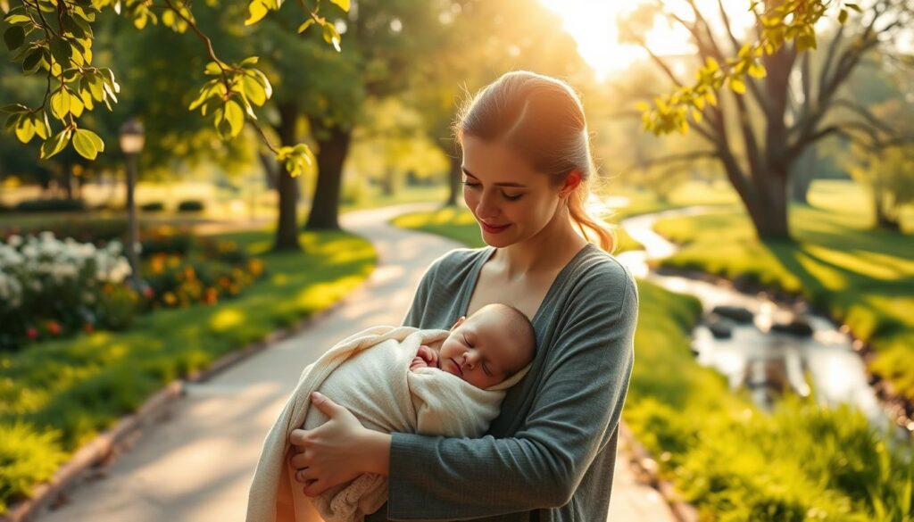 A serene outdoor scene with a mother and her newborn baby enjoying a peaceful stroll in a lush, verdant park. Warm, golden sunlight filters through the leaves, casting a gentle glow on their faces. The mother's expression is one of tranquility and contentment as she gazes down at her sleeping infant, wrapped snugly in a soft blanket. In the background, a winding path leads through a picturesque landscape of blooming flowers, towering trees, and a calm, meandering stream. The overall atmosphere conveys the rejuvenating and restorative benefits of spending time in the fresh air with a newborn. A serene outdoor scene with a mother and her newborn baby enjoying a peaceful stroll in a lush, verdant park. Warm, golden sunlight filters through the leaves, casting a gentle glow on their faces. The mother's expression is one of tranquility and contentment as she gazes down at her sleeping infant, wrapped snugly in a soft blanket. In the background, a winding path leads through a picturesque landscape of blooming flowers, towering trees, and a calm, meandering stream. The overall atmosphere conveys the rejuvenating and restorative benefits of spending time in the fresh air with a newborn.