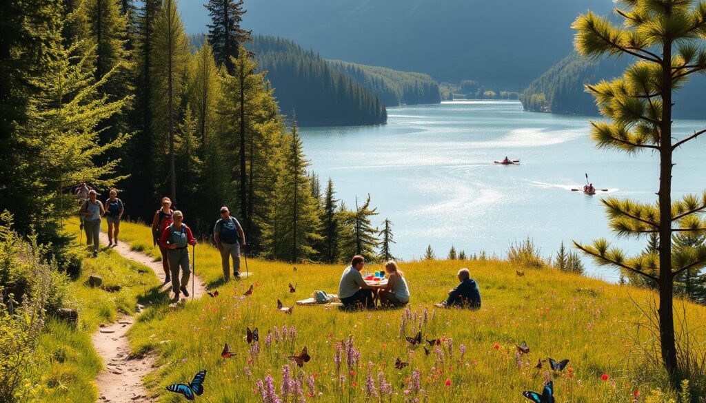 A serene outdoor scene with people engaged in a variety of activities. In the foreground, a group of hikers traversing a winding trail through a lush, verdant forest, the sunlight filtering through the canopy above. In the middle ground, a family picnicking on a grassy knoll, surrounded by wildflowers and butterflies. In the background, a shimmering lake reflecting the surrounding mountains, kayakers gliding across the calm waters. The composition is balanced, with a sense of depth and dimension. The lighting is warm and natural, casting a golden glow over the entire scene. The overall mood is one of tranquility, adventure, and the rejuvenating power of nature.