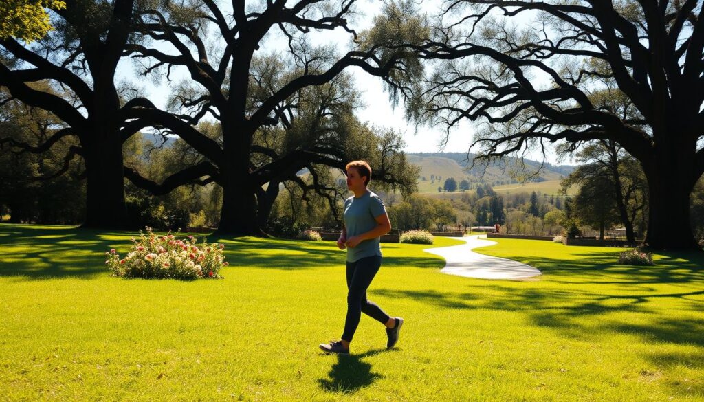A serene park scene on a sunny day, with a person taking a leisurely stroll, their gait relaxed and focused. The foreground features the person in profile, their silhouette in shades of gray against the lush, verdant grass. The middle ground showcases a winding path, flanked by towering oak trees and blooming flowers, bathed in soft, warm light. In the background, a rolling hillside stretches out, with a glimpse of a clear blue sky peeking through the branches. The overall atmosphere conveys a sense of tranquility, the gentle exercise and connection with nature aiding in the process of weight loss. A serene park scene on a sunny day, with a person taking a leisurely stroll, their gait relaxed and focused. The foreground features the person in profile, their silhouette in shades of gray against the lush, verdant grass. The middle ground showcases a winding path, flanked by towering oak trees and blooming flowers, bathed in soft, warm light. In the background, a rolling hillside stretches out, with a glimpse of a clear blue sky peeking through the branches. The overall atmosphere conveys a sense of tranquility, the gentle exercise and connection with nature aiding in the process of weight loss.