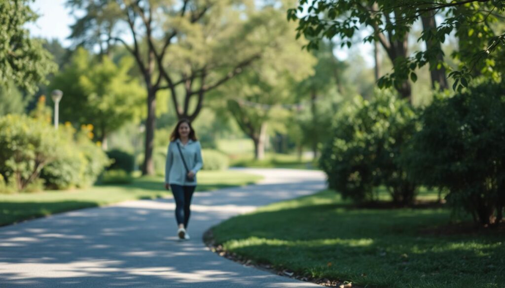 A serene park scene, with a person walking along a winding path, surrounded by lush greenery and a calming, natural atmosphere. The lighting is soft and diffused, creating a sense of peace and tranquility. In the foreground, the person appears relaxed and content, their body language suggesting a sense of mindfulness and emotional well-being. The background features a blend of vibrant foliage and a clear, blue sky, conveying a harmonious and rejuvenating setting. The overall composition and mood aim to visually represent the positive impact that a daily stroll can have on one's mental health.