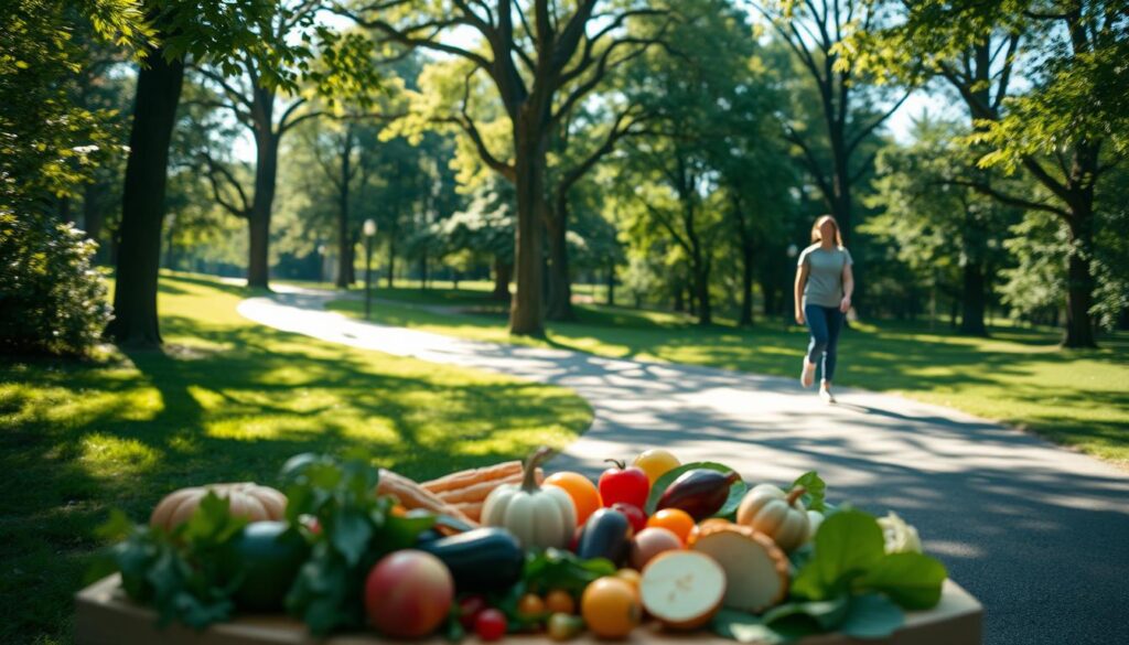 A serene park setting, a winding path meandering through lush greenery. Sunlight filters through the canopy of trees, casting warm, dappled shadows on the ground. A person strolls leisurely, taking in the sights and sounds of nature – the chirping of birds, the rustling of leaves. Their stride is relaxed, their expression calm and contemplative. In the foreground, a variety of healthful foods are artfully arranged, suggesting the benefits of proper nutrition to complement the physical activity of walking. The overall scene conveys a sense of balance, wellness, and the rejuvenating power of spending time outdoors.