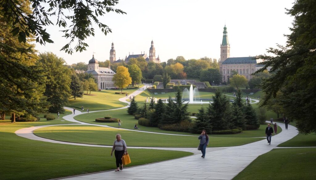 A serene park setting in Poznań, Poland, with lush greenery, winding paths, and picturesque architecture in the background. The foreground features people leisurely strolling, enjoying the tranquil atmosphere. Soft, natural lighting creates a warm, inviting ambiance, captured through a wide-angle lens that showcases the expansive scenery. The image conveys a sense of relaxation and the joy of spending an afternoon exploring the city's beautiful outdoor spaces.