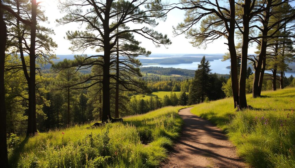 A serene, picturesque landscape showcasing the idyllic walking trails of Pomiechówek. In the foreground, a winding path meanders through a lush, verdant forest, dappled with sunlight filtering through the canopy. Towering oak and pine trees line the trail, their branches casting soft, warm shadows. In the middle ground, rolling hills and gentle slopes emerge, covered in a tapestry of vibrant wildflowers and verdant grasses. The background features a tranquil lake, its glassy surface reflecting the surrounding natural beauty. The scene is bathed in a warm, golden glow, creating a sense of peacefulness and tranquility. The overall atmosphere invites the viewer to embark on a serene, restorative walk through this picturesque, rural setting. A serene, picturesque landscape showcasing the idyllic walking trails of Pomiechówek. In the foreground, a winding path meanders through a lush, verdant forest, dappled with sunlight filtering through the canopy. Towering oak and pine trees line the trail, their branches casting soft, warm shadows. In the middle ground, rolling hills and gentle slopes emerge, covered in a tapestry of vibrant wildflowers and verdant grasses. The background features a tranquil lake, its glassy surface reflecting the surrounding natural beauty. The scene is bathed in a warm, golden glow, creating a sense of peacefulness and tranquility. The overall atmosphere invites the viewer to embark on a serene, restorative walk through this picturesque, rural setting.