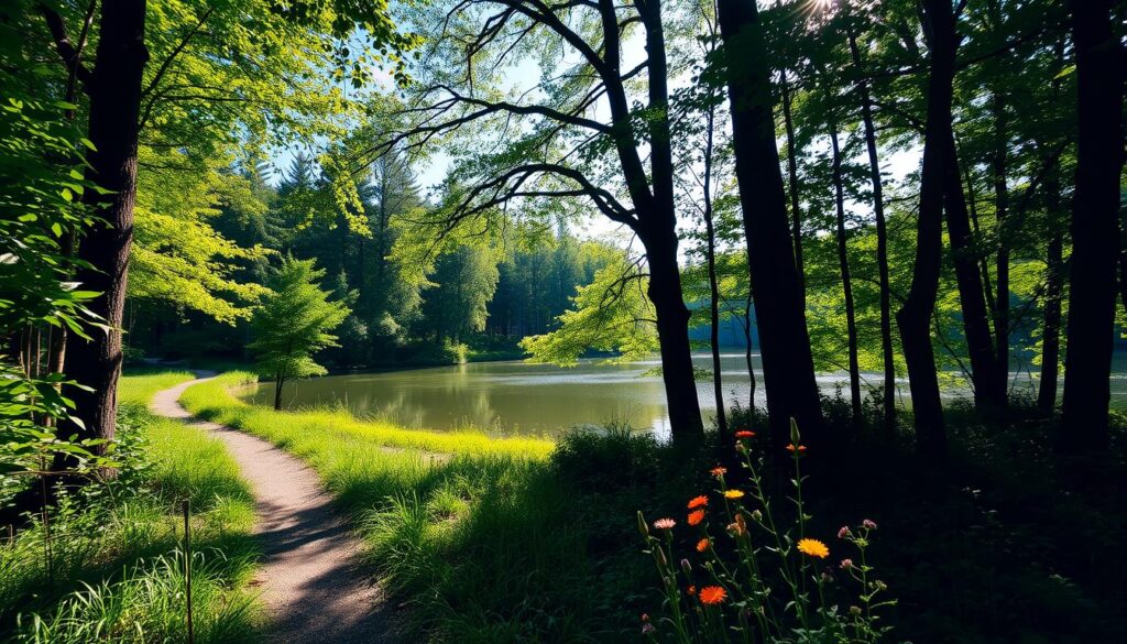 A serene, sun-dappled forest glade on the outskirts of Warsaw, Poland. Lush, verdant foliage frames a winding path that leads the eye towards a tranquil lake, its glassy surface reflecting the surrounding trees and azure sky. Dappled sunlight filters through the canopy, casting a warm, magical glow over the scene. In the foreground, wildflowers sway gently in a light breeze, their vibrant hues adding pops of color to the idyllic landscape. The overall atmosphere is one of peaceful solitude, inviting the viewer to step into this picturesque natural oasis and discover its hidden beauty.
