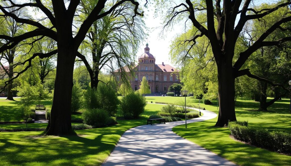 A serene, sun-dappled garden path winding through a lush, verdant park in Wrocław, with towering chestnut trees lining the sides and their branches casting gentle shadows on the ground below. In the distance, a historic brick building with ornate architectural details stands as a picturesque backdrop. The air is crisp and fresh, inviting visitors to stroll and bask in the tranquility of this urban oasis. The scene is captured with a wide-angle lens, highlighting the expansive, inviting nature of this walking destination.