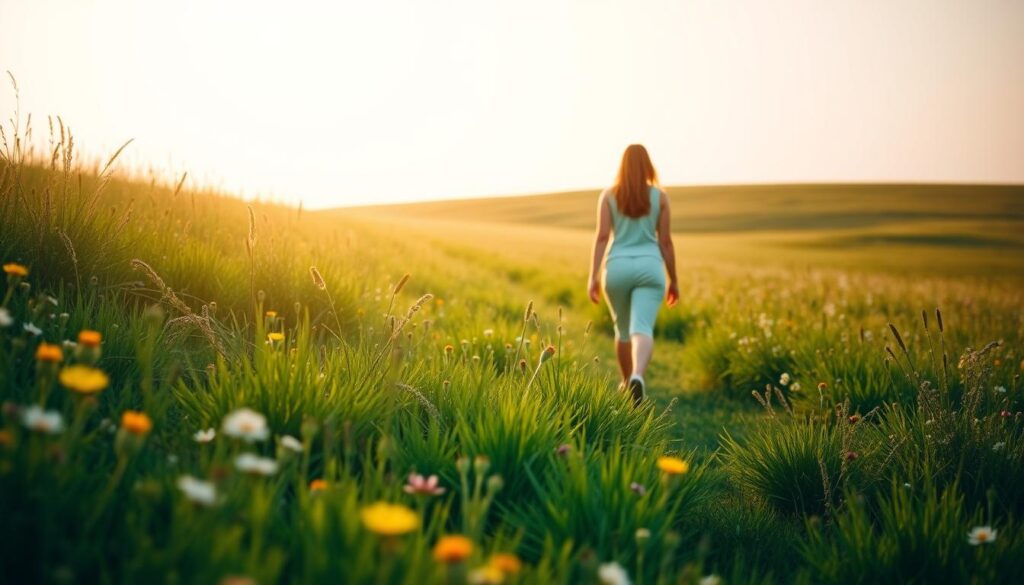 A serene, sunlit meadow on a tranquil spring day. A person strolls leisurely, taking in the lush greenery and vibrant wildflowers. Their gait is relaxed, their expression peaceful. Soft, diffused lighting casts a warm, calming glow. The scene exudes a sense of mindfulness and stress relief, reflecting the restorative benefits of a simple, unhurried walk in nature. The composition features the figure as the focal point, with the verdant landscape extending into the distance, conveying a feeling of openness and freedom. A serene, sunlit meadow on a tranquil spring day. A person strolls leisurely, taking in the lush greenery and vibrant wildflowers. Their gait is relaxed, their expression peaceful. Soft, diffused lighting casts a warm, calming glow. The scene exudes a sense of mindfulness and stress relief, reflecting the restorative benefits of a simple, unhurried walk in nature. The composition features the figure as the focal point, with the verdant landscape extending into the distance, conveying a feeling of openness and freedom.