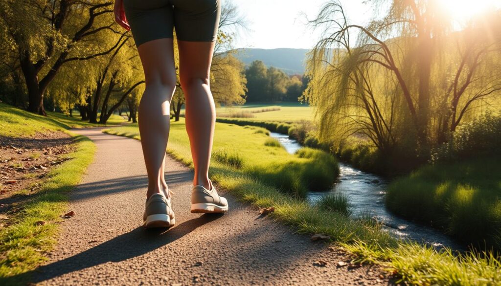 A serene, sunlit scene showcasing the health benefits of walking. In the foreground, a person's legs and feet strolling on a winding path, symbolizing the act of walking. The middle ground features a lush, verdant landscape with swaying trees and a tranquil stream, conveying a sense of natural harmony. The background is bathed in a warm, golden glow, creating a serene, inviting atmosphere. The composition emphasizes the interconnectedness of physical activity, nature, and overall well-being, capturing the essence of the "health benefits" theme. Captured with a wide-angle lens to provide a panoramic, immersive view, this image aims to visually represent the transformative power of a simple daily walk. A serene, sunlit scene showcasing the health benefits of walking. In the foreground, a person's legs and feet strolling on a winding path, symbolizing the act of walking. The middle ground features a lush, verdant landscape with swaying trees and a tranquil stream, conveying a sense of natural harmony. The background is bathed in a warm, golden glow, creating a serene, inviting atmosphere. The composition emphasizes the interconnectedness of physical activity, nature, and overall well-being, capturing the essence of the "health benefits" theme. Captured with a wide-angle lens to provide a panoramic, immersive view, this image aims to visually represent the transformative power of a simple daily walk.