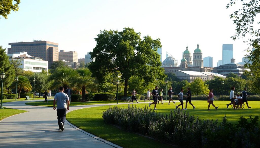 A serene urban park on a sunny day, with a paved walkway winding through lush greenery. In the foreground, a lone pedestrian strolls at a leisurely pace, their silhouette a study in balanced movement. The middle ground features a variety of people, from joggers to families, all engaged in different forms of physical activity. The background showcases a mix of modern and historic architecture, creating a harmonious cityscape. The lighting is soft and diffused, casting a warm, inviting glow over the scene. The overall atmosphere conveys a sense of tranquility and the importance of daily physical activity for health and well-being.