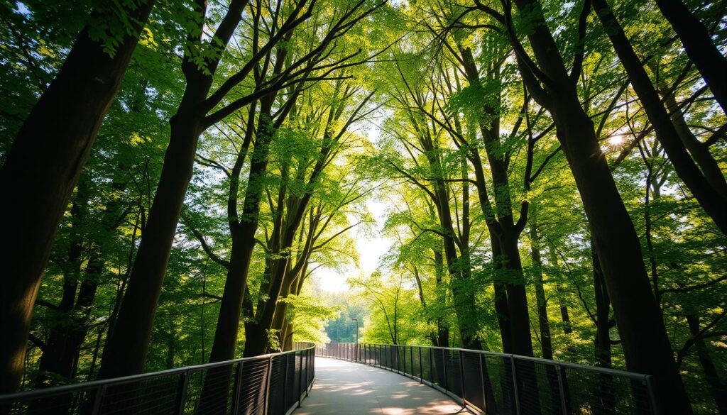 A serene walkway through the verdant tree canopy of Szczawnica, bathed in warm, diffused sunlight filtering through the lush foliage. Elegant, towering trunks rise up on either side, their branches intertwining to create a natural cathedral-like archway. Dappled shadows dance across the smooth, winding path, inviting visitors to slow their pace and immerse themselves in the tranquil, sylvan setting. Wispy clouds drift overhead, hinting at the boundless blue sky beyond the leafy embrace. This enchanting elevated promenade offers a unique perspective on the majestic Pieniny landscape, elevating the senses and inspiring a sense of wonder. A serene walkway through the verdant tree canopy of Szczawnica, bathed in warm, diffused sunlight filtering through the lush foliage. Elegant, towering trunks rise up on either side, their branches intertwining to create a natural cathedral-like archway. Dappled shadows dance across the smooth, winding path, inviting visitors to slow their pace and immerse themselves in the tranquil, sylvan setting. Wispy clouds drift overhead, hinting at the boundless blue sky beyond the leafy embrace. This enchanting elevated promenade offers a unique perspective on the majestic Pieniny landscape, elevating the senses and inspiring a sense of wonder.