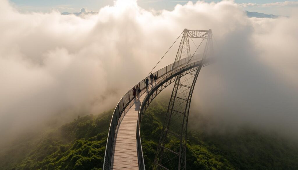 A serene walkway through wispy clouds, suspended high above a lush, verdant landscape. Sunlight filters softly through the mist, casting a warm, ethereal glow. The structure, a delicate lattice of wood and steel, blends seamlessly with the natural environment. Visitors stroll leisurely, gazing out at the panoramic vistas of rolling hills and distant mountains. A sense of tranquility and wonder pervades the scene, inviting exploration and contemplation. The Spacer w chmurach, an enchanting fusion of engineering and nature, offers a truly unique and enchanting experience for all.