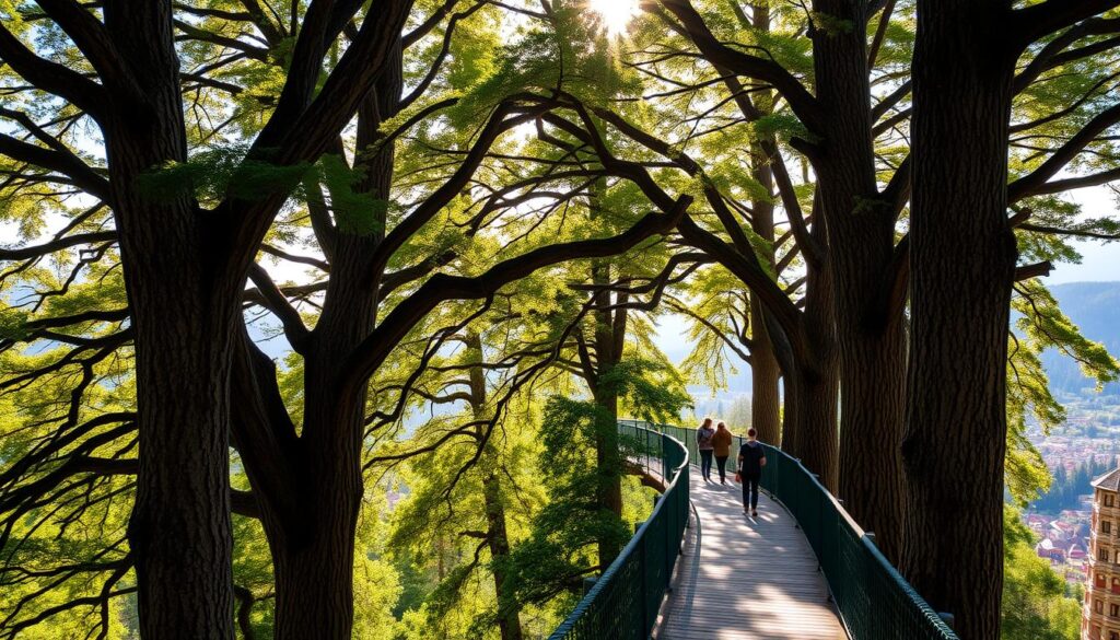 A serene walkway winding through the lush, verdant crowns of ancient trees in Zakopane. Sunlight filters through the swaying canopy, casting a warm, golden glow over the path. Visitors stroll along the elevated wooden boardwalk, marveling at the panoramic vistas of the surrounding Tatra Mountains. The trail winds gracefully, offering glimpses of the picturesque town below and the majestic peaks beyond. Birdsong echoes through the tranquil forest, creating a soothing, natural ambiance. The scene evokes a sense of peaceful enchantment, inviting guests to immerse themselves in the beauty of this captivating, elevated walkway.