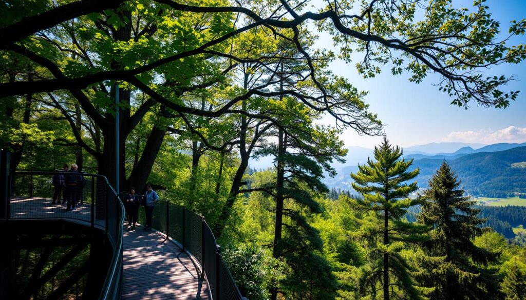 A serene walkway winding through the lush, verdant treetops of Zakopane, Poland. Dappled sunlight filters through the swaying canopy, casting a warm, golden glow over the wooden observation platforms that offer panoramic vistas of the surrounding Tatra Mountains. Hikers meander along the elevated path, pausing to admire the breathtaking scenery and the intricate patterns of the branches enveloping them. The scene exudes a sense of tranquility and harmony with nature, inviting visitors to immerse themselves in the beauty of this unique treetop experience.