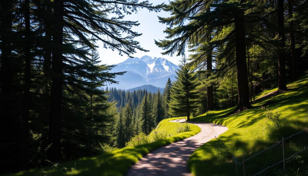 A serene, winding path meanders through a lush, verdant landscape, flanked by towering evergreen trees that cast dappled shadows across the trail. Sunlight filters through the canopy, creating a warm, inviting atmosphere. In the distance, a majestic mountain range rises, its peaks capped with pristine snow. The path leads hikers through a scenic, peaceful haven, inviting them to pause, breathe deeply, and immerse themselves in the beauty of the great outdoors. Underfoot, the trail is well-maintained, offering a comfortable and secure walking experience. This idyllic setting captures the essence of exceptional hiking trails in Poland, where nature's grandeur is showcased in all its glory.