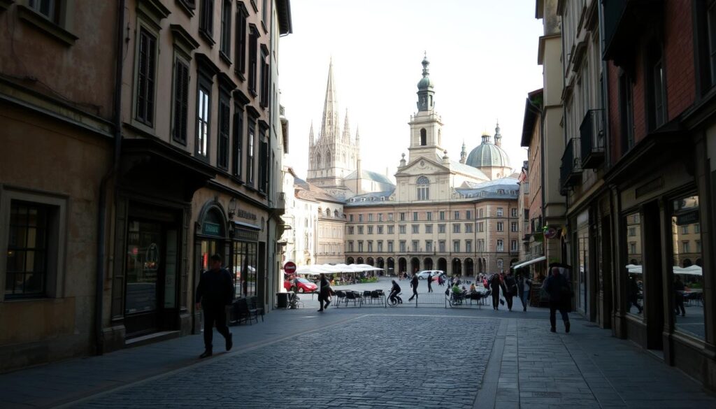 A stroll through the historic streets of an old city, the cobblestones underfoot echoing the footsteps of generations past. In the foreground, a lone figure ambles along, taking in the sights of the weathered buildings, their facades adorned with intricate architectural details. The middle ground reveals a picturesque square, lined with quaint cafes and small shops, their windows reflecting the warm glow of the afternoon sun. In the background, the skyline is punctuated by the spires and domes of grand cathedrals, a testament to the city's rich cultural heritage. The atmosphere is one of tranquility and timelessness, inviting the viewer to pause and immerse themselves in the charm of this timeless urban landscape.
