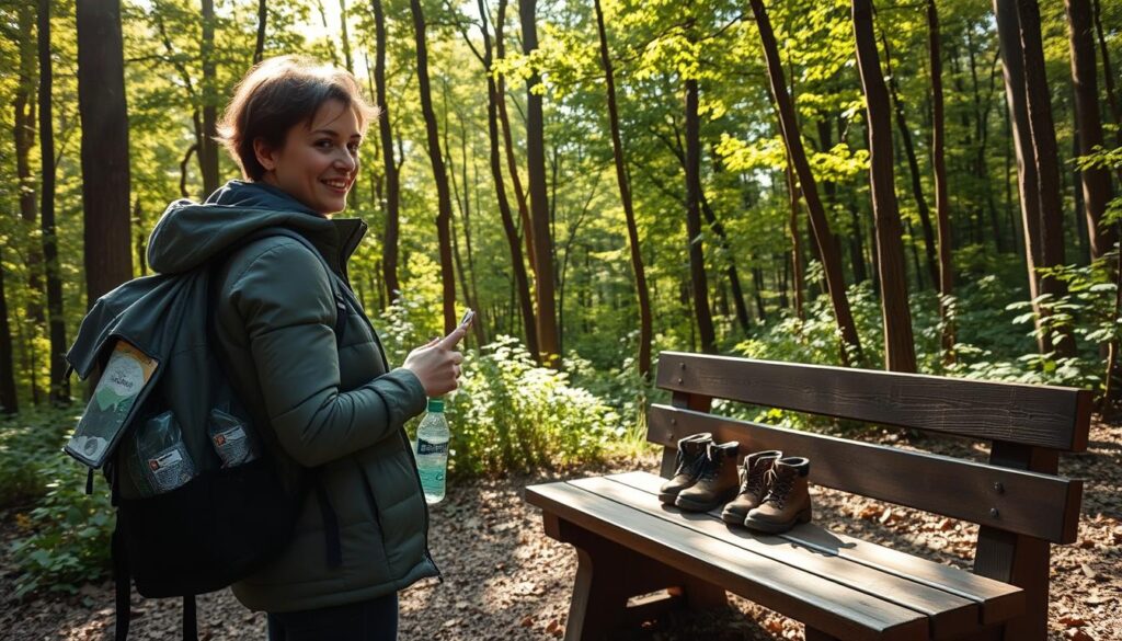 A sunny morning in a lush forest, a person stands before a wooden bench, preparing for a hike through the treetops. They carefully select warm layers, sturdy hiking boots, and a backpack filled with supplies - water, snacks, and a map. The dappled light filters through the canopy, casting a soft glow on the scene. The person's expression is one of eager anticipation, ready to embark on an unforgettable adventure amidst the verdant Slovakian landscape.