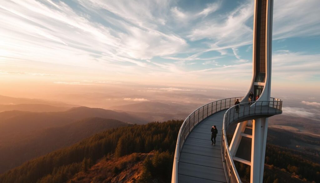 A towering Sky Walk in Świeradów-Zdrój, the highest observation tower in Poland, reaching up into the clouds. Sleek, modern architecture blends seamlessly with the rugged mountain landscape, offering breathtaking panoramic views. The walkway gently curves, leading visitors on an exhilarating journey high above the treetops. Warm, golden light filters through wispy cirrus clouds, casting a serene, ethereal glow. Vast, rolling hills and dense forests stretch out in the distance, creating a sense of tranquil isolation. Visitors stand in awe, immersed in the majesty of nature and the engineering feat before them. A towering Sky Walk in Świeradów-Zdrój, the highest observation tower in Poland, reaching up into the clouds. Sleek, modern architecture blends seamlessly with the rugged mountain landscape, offering breathtaking panoramic views. The walkway gently curves, leading visitors on an exhilarating journey high above the treetops. Warm, golden light filters through wispy cirrus clouds, casting a serene, ethereal glow. Vast, rolling hills and dense forests stretch out in the distance, creating a sense of tranquil isolation. Visitors stand in awe, immersed in the majesty of nature and the engineering feat before them.