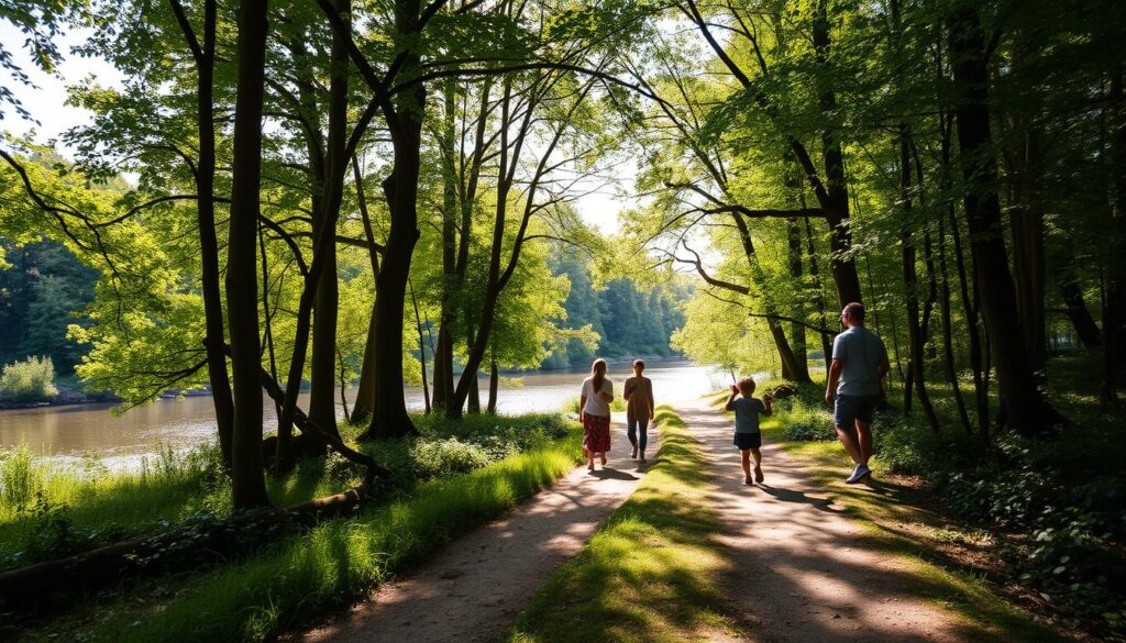 A tranquil forest path winds through the lush greenery of Puszczykowo, sunlight filtering through the canopy above. Families stroll leisurely, children playfully chasing butterflies. In the distance, a picturesque river reflects the surrounding foliage. The serene atmosphere invites visitors to slow down, connect with nature, and enjoy quality time with loved ones. A wide-angle lens captures the scene, conveying a sense of warmth, relaxation, and the beauty of this inviting outdoor haven just outside the bustling city of Poznań.