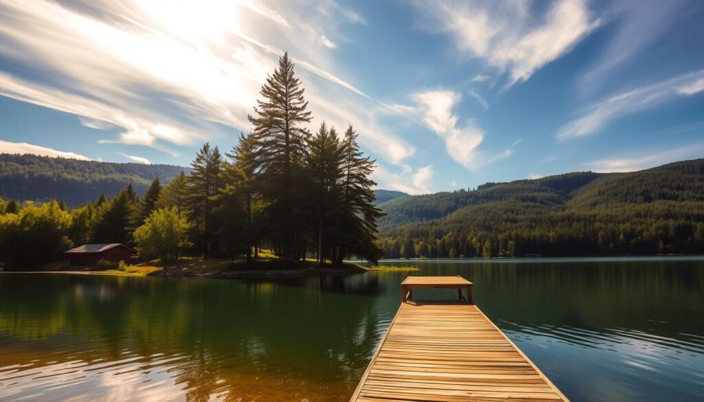 A tranquil lakeside landscape in the heart of Warmia, Poland. Crystalline waters of Jezioro Warmińskie reflect the verdant forests and rolling hills that surround it. Golden sunlight filters through wispy clouds, casting a warm glow over the serene scene. In the foreground, a secluded wooden pier juts out into the calm lake, inviting visitors to pause and take in the natural beauty. Tall, majestic pines line the shore, their branches swaying gently in a light breeze. The overall atmosphere is one of peaceful solitude, a perfect respite from the stresses of daily life.