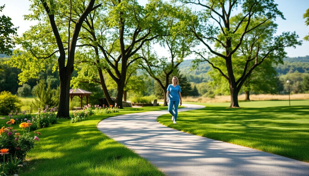 A tranquil outdoor scene showcasing a person's leisurely stroll after undergoing gallbladder removal surgery. The foreground depicts a well-paved path winding through a lush, verdant park, dotted with vibrant flowers and shady trees. In the middle ground, the figure of a person casually ambles along the path, their gait relaxed and their expression serene. The background features a picturesque landscape, with rolling hills and a clear, azure sky, evoking a sense of peaceful convalescence. The lighting is soft and diffused, creating a calming atmosphere. The composition is balanced and inviting, capturing the essence of a safe, restorative journey back to physical activity after the medical procedure. A tranquil outdoor scene showcasing a person's leisurely stroll after undergoing gallbladder removal surgery. The foreground depicts a well-paved path winding through a lush, verdant park, dotted with vibrant flowers and shady trees. In the middle ground, the figure of a person casually ambles along the path, their gait relaxed and their expression serene. The background features a picturesque landscape, with rolling hills and a clear, azure sky, evoking a sense of peaceful convalescence. The lighting is soft and diffused, creating a calming atmosphere. The composition is balanced and inviting, capturing the essence of a safe, restorative journey back to physical activity after the medical procedure.